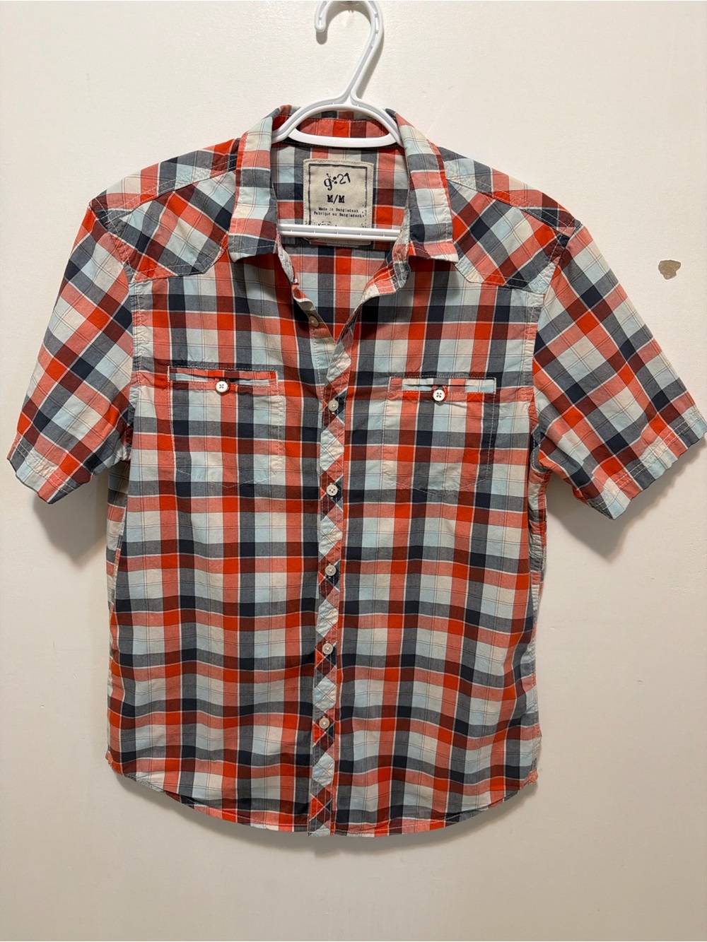 Men's Short-Sleeve Plaid Button-Down Shirt - Orange, Blue & White